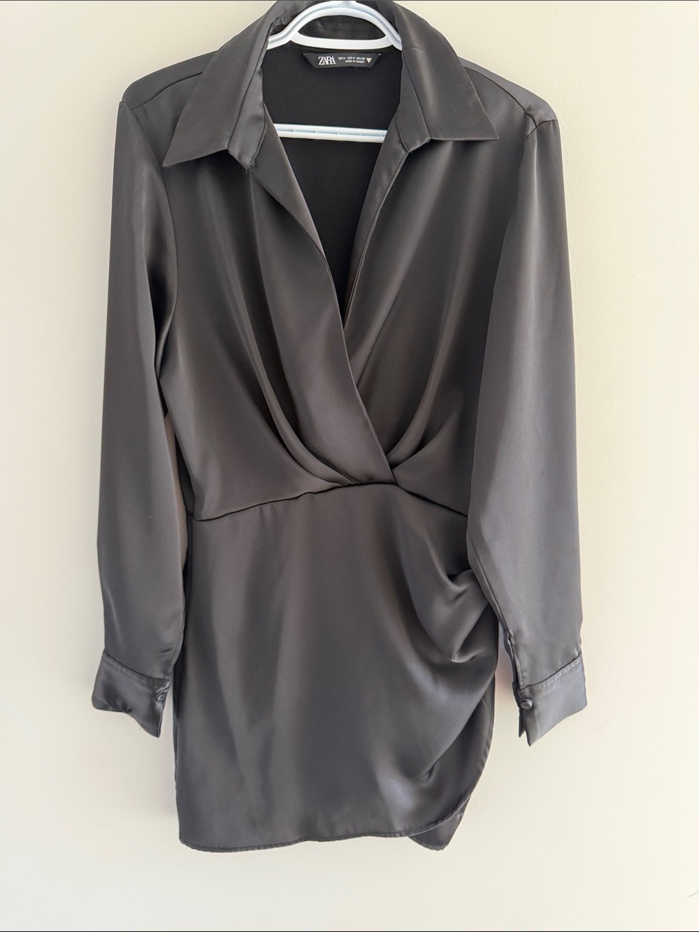 Zara Black Draped Satin-Effect Long Sleeve Mini Dress